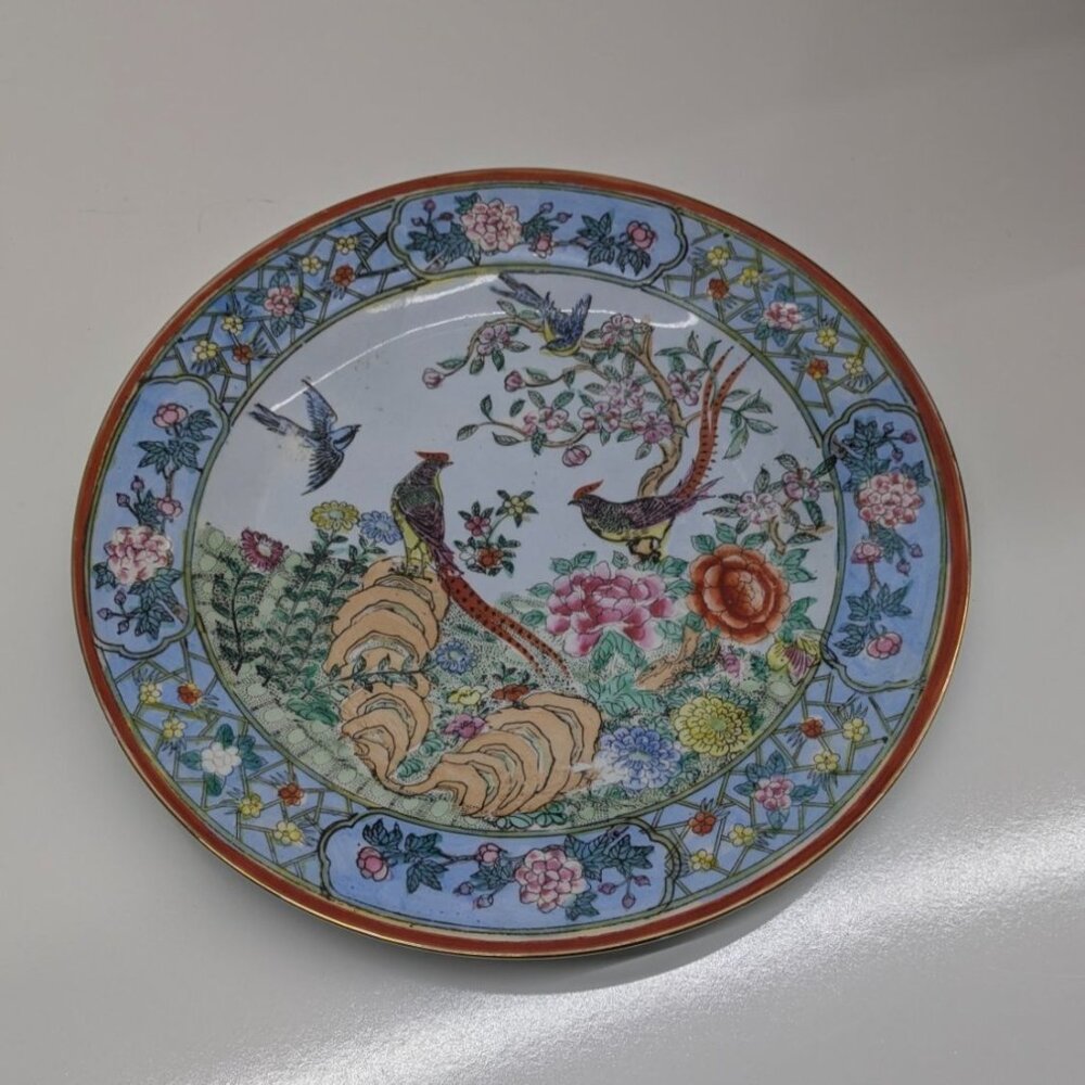 Nora Fenton Exotic Birds Plate 10.25 Hand Painted Floral Macau Porcelain Vintage